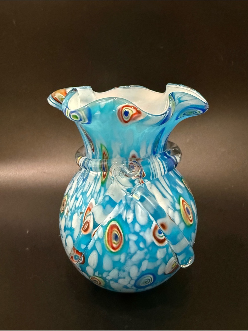 Handblown Art Glass Murano Style Blue Millefiori Ruffled 5.5” Vase